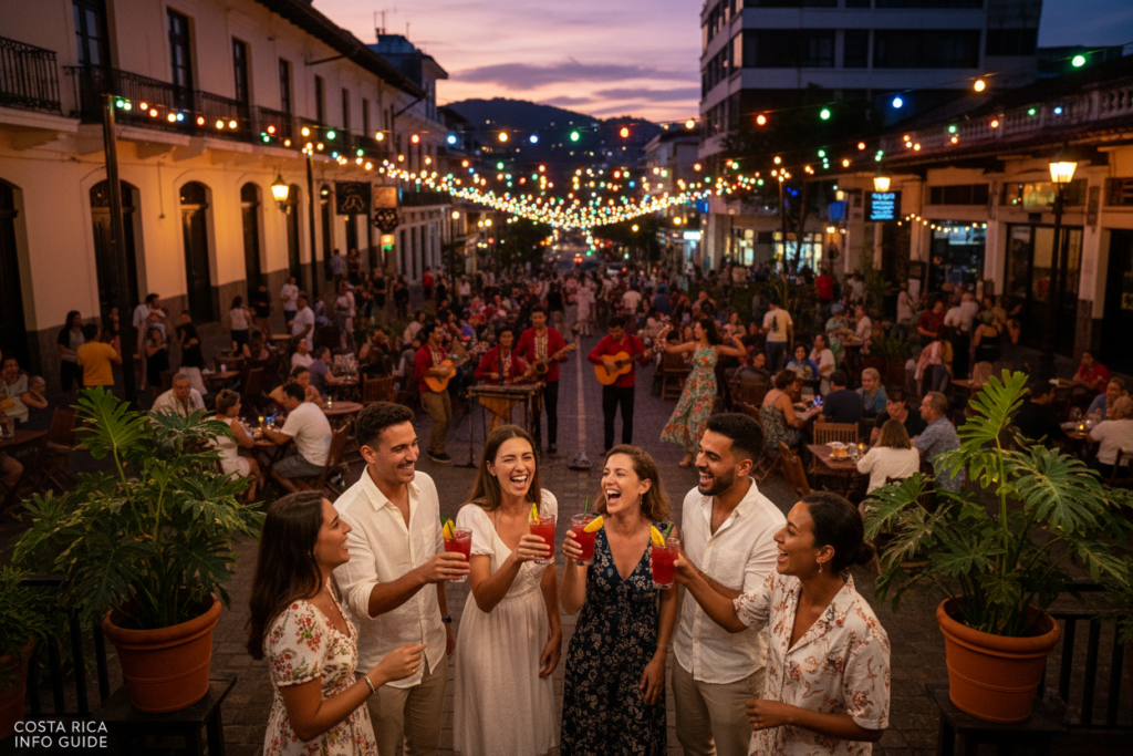 A vibrant nightlife scene in Costa Rica, showcasing a lively San José street filled with people enjoying music and dancing at outdoor cafes. In the foreground, diverse individuals in modest casual clothing share laughter, raising glasses of local drinks. The middle ground features colorful lights illuminating the lively setting with street musicians playing traditional Costa Rican tunes. Tropical plants line the edges, enhancing the vibrant atmosphere. In the background, you can see the silhouette of Costa Rican architecture against a vivid sunset sky. Soft lighting casts a warm glow, evoking a sense of community and adventure. The image captures the essence of regional nightlife while adhering to a safe, professional aesthetic. Costa Rica info guide.