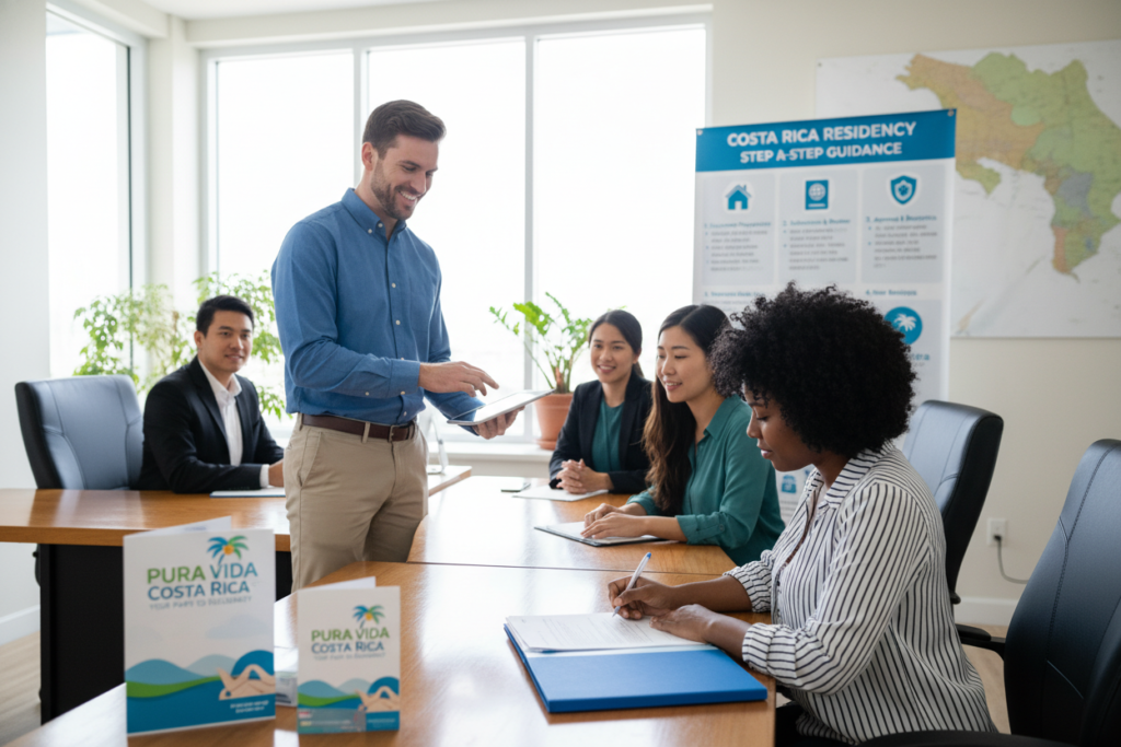 A vibrant office scene depicting the Costa Rica residency application process, featuring a friendly Caucasian staff member in business casual attire, interacting with a diverse group of applicants. In the foreground, a woman is signing paperwork at a desk, with organized documents and residency brochures prominently displayed, including the "Pura Vida Costa Rica" branding. In the middle, a wall-mounted poster outlines the step-by-step guidance for transitioning to new residency options, illustrated with icons for clarity. The background features large windows letting in natural light, creating an inviting atmosphere, with plants and a map of Costa Rica in soft focus. The mood is professional yet welcoming, emphasizing support and guidance in navigating residency transitions.