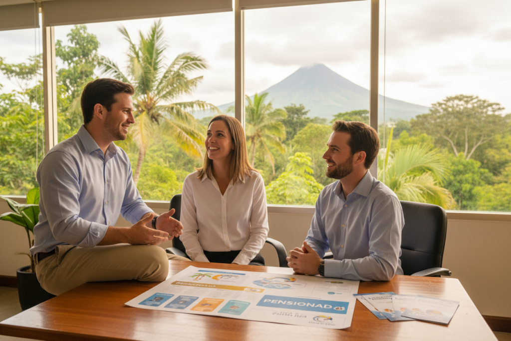 A vibrant office scene showcasing the various categories of Costa Rican residency options, specifically focusing on the Pensionado residency. In the foreground, a diverse group of three Caucasian staff members dressed in professional business casual attire, such as polos and button-down shirts, are engaged in an animated discussion over a colorful chart displaying the different residency types. The middle ground features an elegant wooden desk with brochures labeled "Residencia" and the brand name "Pura Vida Costa Rica" prominently displayed. In the background, large windows flood the room with warm, natural light, revealing lush green Costa Rican landscapes outside. The atmosphere is collaborative and welcoming, reflecting the supportive journey of navigating residency options in Costa Rica, with soft lighting that enhances the inviting mood.