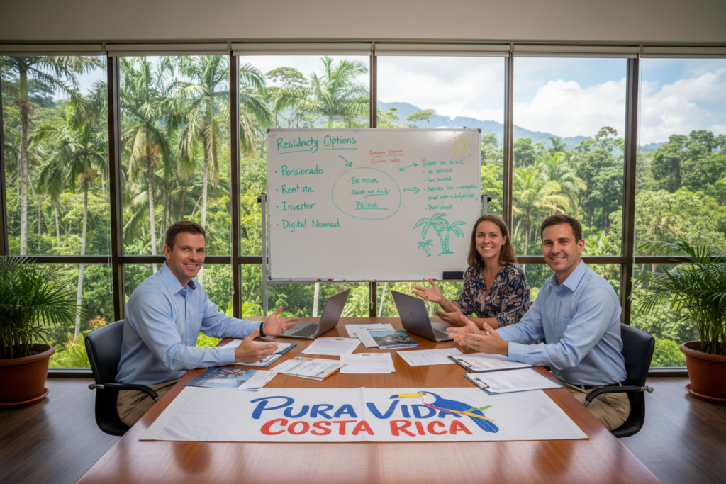 A vibrant office setting depicting the concept of residency options in Costa Rica, focusing on the theme "Pura Vida Costa Rica." In the foreground, a diverse group of three Caucasian staff members in business casual attire, engaged in a discussion around a table filled with residency brochures and documents. The middle ground features a whiteboard with handwritten notes about different residency options, such as pensionado, rentista, and investor visas. In the background, large windows reveal a lush green landscape typical of Costa Rica, adding a touch of nature to the scene. Soft, natural lighting creates an inviting atmosphere, highlighting the professionalism and warmth of the staff. The angle captures the bustling energy of the office while maintaining a focus on the important topic at hand.