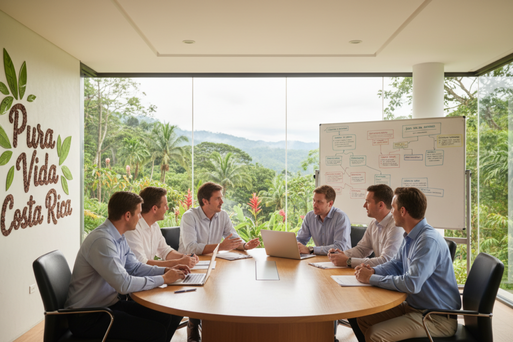 A vibrant office setting in Costa Rica, focusing on a diverse group of Caucasian professionals engaged in a meeting about employment laws. In the foreground, a round table with individuals dressed in business casual attire—polos and button-down shirts—discussing documents. The middle ground features a large whiteboard with visual representations of Costa Rican employment laws, such as graphs and key points. In the background, large windows reveal a lush tropical landscape, adding a warm and inviting ambiance to the scene. Soft, natural lighting streams in, creating a collaborative atmosphere. Incorporate elements of the Costa Rican culture, such as the phrase "Pura Vida Costa Rica" displayed artistically on the wall. The overall mood is professional yet approachable, emphasizing teamwork and understanding in navigating employment regulations.