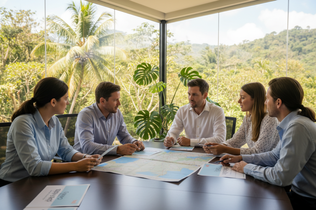 A vibrant office setting in Costa Rica, showcasing a modern workspace with large windows revealing a lush tropical landscape outside. In the foreground, a diverse group of Caucasian staff dressed in business casual attire, such as polo shirts and button-downs, are engaged in a discussion about residency options in Costa Rica. They are surrounded by brochures and maps titled "Pura Vida Costa Rica" scattered across a contemporary conference table. The middle ground features a large indoor plant, emphasizing the connection to nature. The background presents a bright, sunny day reflecting through the windows, creating a warm and inviting atmosphere. The lighting is soft and natural, enhancing the professionalism and approachability of the environment, while the angle captures the group in a dynamic and collaborative pose.
