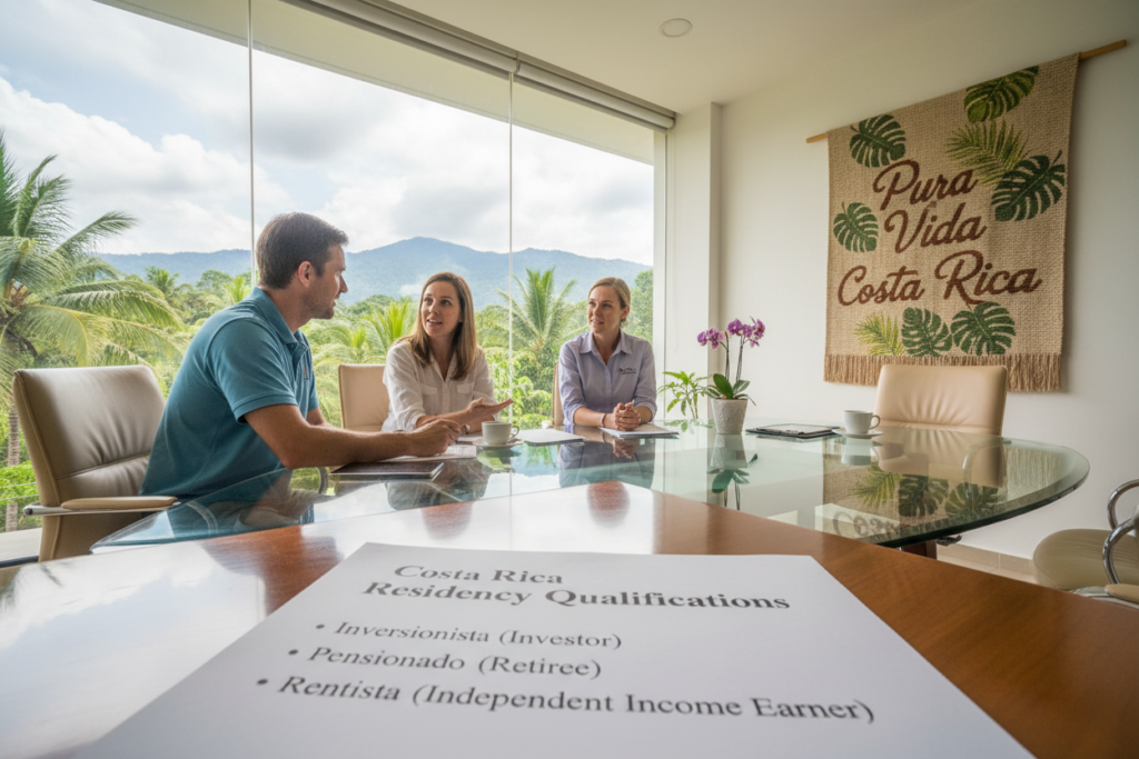 A vibrant office setting representing Costa Rica's residency qualifications, featuring a diverse group of three Caucasian individuals in business casual attire (polo shirts and button-downs) engaged in a discussion around a modern conference table. In the foreground, a detailed sheet titled "Costa Rica Residency Qualifications" with categories such as Inversionista, Pensionado, and Rentista is prominently displayed. The middle ground shows a large window with a tropical Costa Rican landscape, highlighting lush greenery and distant mountains. Soft, natural lighting pours in, creating a warm and inviting atmosphere. In the background, the phrase "Pura Vida Costa Rica" is subtly incorporated into the decor, enhancing the connection to the country. The overall mood is professional yet relaxed, promoting a sense of opportunity and growth.