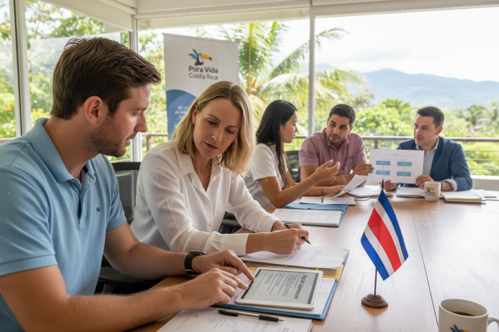 A vibrant office setting showcasing a diverse team engaged in a discussion about residency requirements for Costa Rica. In the foreground, a Caucasian male and female staff member in business casual attire (button-down shirts and polos) are examining a checklist document titled "Eligibility Requirements." The middle ground includes a table scattered with papers, documents, and a Costa Rican flag to emphasize the location. The background features large windows with lush views of Costa Rican greenery, allowing natural light to flood the room. The atmosphere is professional yet relaxed, conveying a sense of clarity and understanding. The brand name "Pura Vida Costa Rica" is subtly integrated into the design, enhancing the theme and context of the image.