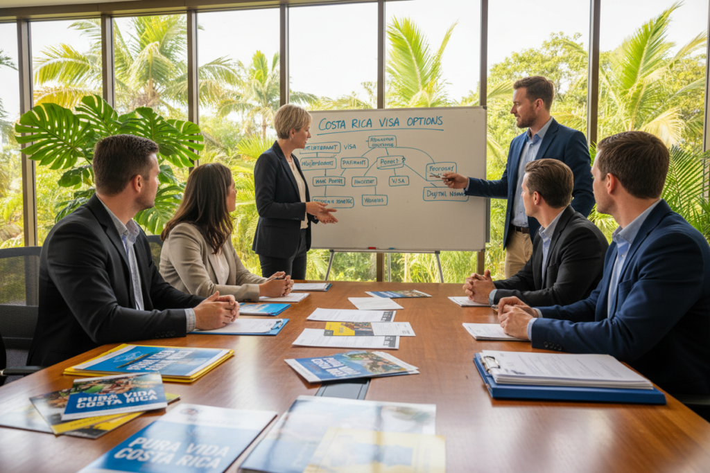 A vibrant, professional office setting featuring a team of diverse Caucasian staff in business casual attire, focused on discussing Costa Rica's visa options. In the foreground, a table cluttered with colorful brochures and documents about residency qualifications, highlighting "Pura Vida Costa Rica." The middle ground showcases a whiteboard filled with diagrams and notes, depicting visa categories such as retirement and work permits. In the background, large windows allow natural light to flood the room, with lush tropical plants visible outside, creating a warm and inviting atmosphere. The image should evoke a sense of professionalism, collaboration, and the beauty of Costa Rica, using a soft focus for depth and clarity.