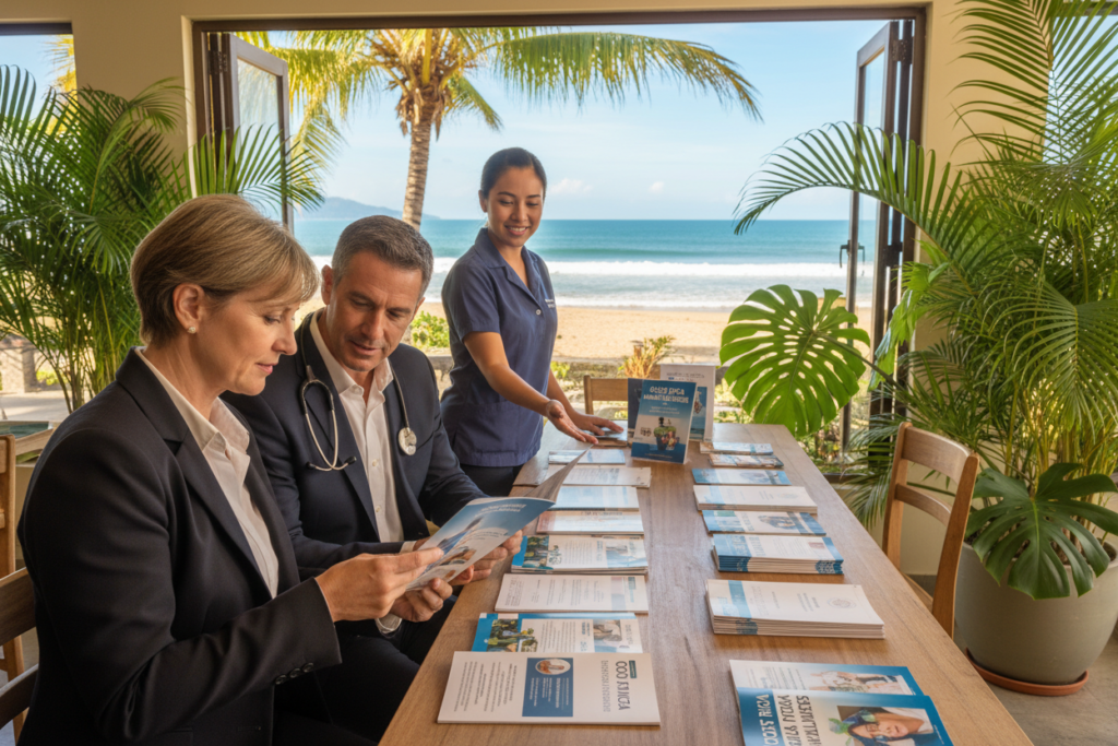 A vibrant scene depicting a diverse group of visitors and expats exploring healthcare options in Costa Rica. In the foreground, a middle-aged couple looking at a healthcare brochure with a stethoscope draped around the woman's neck, both dressed in professional business attire. The middle ground features a healthcare representative, smiling and gesturing, standing near a table filled with brochures and informative materials, set up in a sunny cafe with tropical plants. In the background, a beach scene can be seen through an open window, with palm trees swaying gently. The atmosphere is warm and inviting, with soft, natural lighting that creates a sense of hope and clarity, reflecting the support and resources available for navigating healthcare in Costa Rica. Costa Rica info guide included subtly in the design as part of the informative materials.