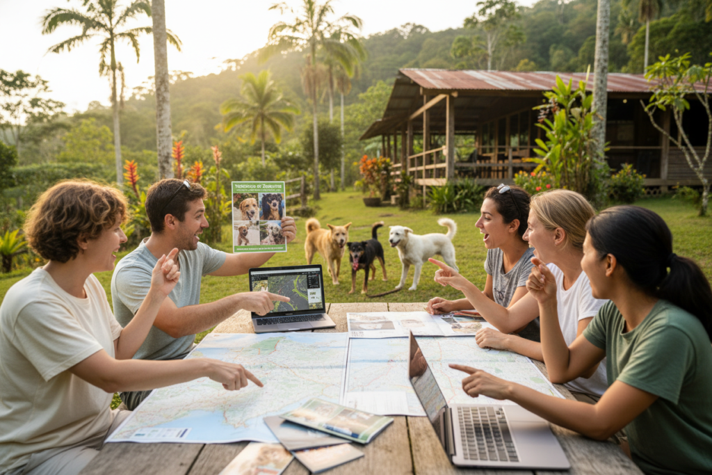 A vibrant scene depicting a group of enthusiastic visitors planning their trip to a dog sanctuary in Costa Rica, specifically Territorio de Zaguates. In the foreground, a diverse group of people in modest casual clothing are gathered around a table with maps, brochures, and laptops, animatedly discussing their itinerary. In the middle ground, a few playful stray dogs are interacting joyfully, adding warmth to the atmosphere. The background reveals the lush, green landscape of Costa Rica with tropical trees and the sanctuary building, bathed in warm, golden sunlight. The scene is captured with a soft focus lens, conveying a hopeful and inviting mood that highlights the love for the dogs and the beauty of this special place. The overall composition embodies a sense of community and adventure, aligning perfectly with the spirit of Costa Rica info guide.