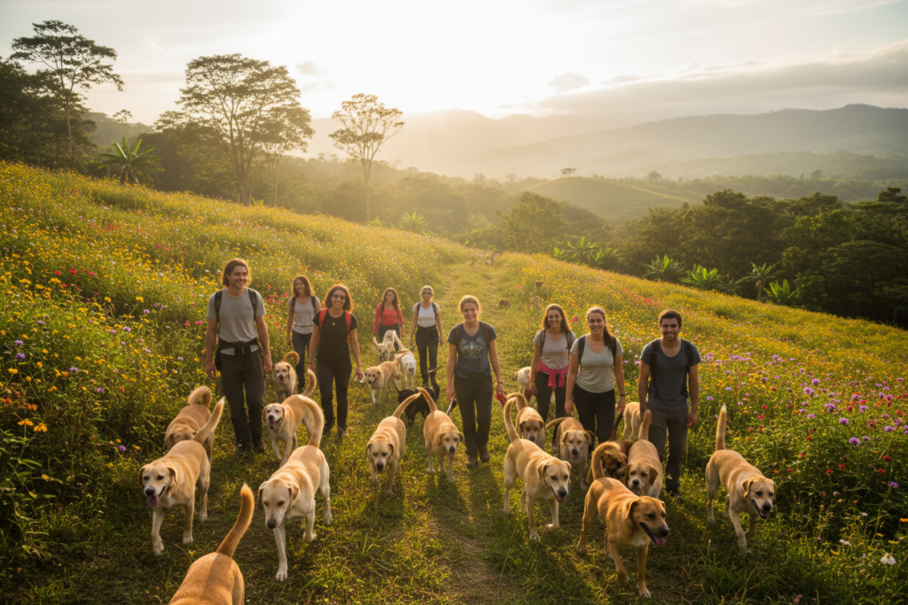 A vibrant scene depicting a hiking experience at the Territorio de Zaguates dog sanctuary in Costa Rica. In the foreground, a group of diverse hikers dressed in modest casual clothing walks along a lush trail, accompanied by joyful stray dogs of various breeds, wagging their tails. In the middle ground, a gentle slope reveals colorful wildflowers and greenery, setting a lively and welcoming atmosphere. In the background, the sun casts warm golden light through the trees, illuminating scenic hills and mountains in a soft, tranquil haze. The mood is uplifting and adventurous, capturing the essence of connection between people and animals in this unique sanctuary, while representing the beautiful Costa Rican landscape. No logos or text overlays present. Costa Rica info guide.