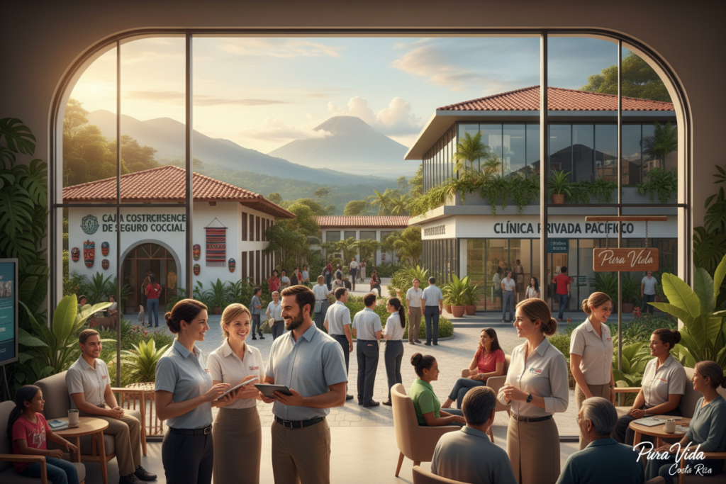 A vibrant scene depicting the Costa Rica healthcare system. In the foreground, a diverse group of Caucasian healthcare professionals in business casual attire, such as polo shirts and button-downs, are engaged in conversation and interacting with patients in a modern clinic setting. In the middle, various healthcare facilities are visible, showcasing both public and private sectors, complete with iconic Costa Rican decor and lush greenery. The background features a panoramic view of a lush landscape, highlighting the natural beauty of Costa Rica. The lighting is warm and inviting, suggesting late afternoon sunlight, creating a friendly and approachable atmosphere. The image incorporates the brand name "Pura Vida Costa Rica" subtly into the environment, enhancing the sense of place without detracting from the main focus on healthcare.