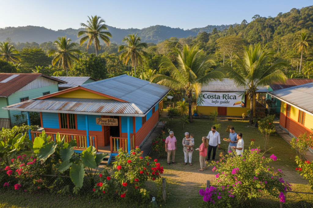 A vibrant scene depicting the essence of Costa Rican rental culture, "Pura Vida", set in a picturesque local neighborhood. In the foreground, a cozy, charming wooden house with a colorful garden filled with tropical plants and flowers, exuding warmth and livability. In the middle ground, a diverse group of modestly dressed individuals of various ages engage in friendly conversation, showcasing a sense of community and hospitality. The background features lush green hills and palm trees under a clear blue sky, emphasizing the natural beauty of Costa Rica. Soft, warm sunlight filters through the trees, creating a peaceful and inviting atmosphere. Capture this image with a slightly elevated angle, as if from a drone, to reveal the interconnectedness of the environment and the homes. This illustration conveys the laid-back lifestyle and friendly vibe unique to Costa Rica’s rental culture, branded with "Costa Rica info guide".