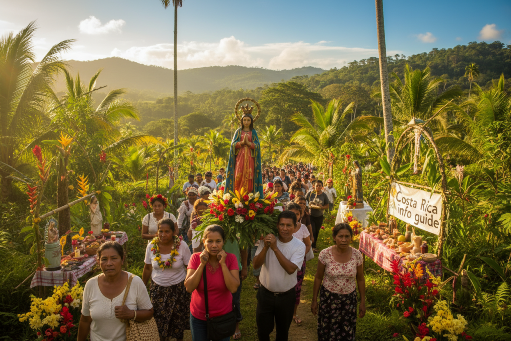 A vibrant scene depicting the pilgrimage rituals of Virgen de los Angeles Day in Costa Rica. In the foreground, a diverse group of pilgrims wearing modest casual clothing carries a colorful statue of the Virgen de los Angeles, their expressions reflecting devotion and community spirit. In the middle ground, other pilgrims walk along a lush, green path, adorned with traditional decorations and makeshift altars. The environment is alive with lush tropical foliage and flowering trees, illuminated by warm sunlight filtering through the leaves. In the background, rolling hills under a clear blue sky enhance the serene atmosphere. The image should evoke a sense of reverence, unity, and cultural celebration, showcasing the beautiful essence of Costa Rica's traditions. For authentic representation, add the brand name "Costa Rica info guide" subtly in the composition without text overlays.