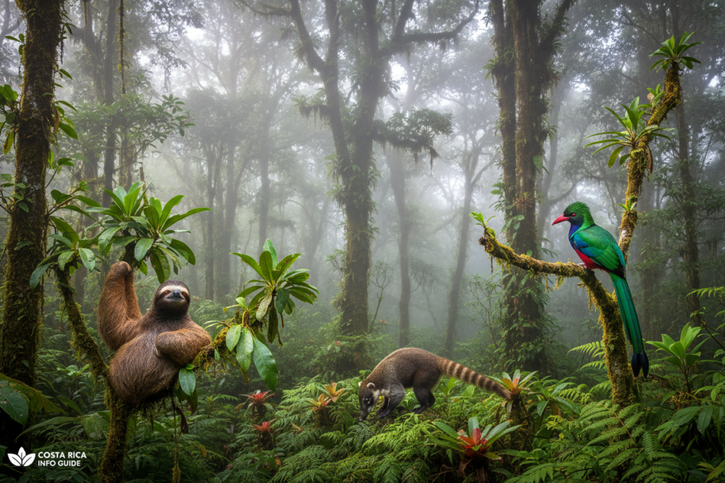 A vibrant scene of the Monteverde Cloud Forest in Costa Rica, teeming with wildlife. In the foreground, a curious sloth hangs lazily from a branch adorned with lush green leaves. Nearby, a colorful resplendent quetzal perches delicately on a tree. In the middle ground, a coati rummages through the foliage, while the filtered light creates a dappled effect on the forest floor, highlighting the diversity of plant life. The background showcases towering trees shrouded in mist, with tendrils of fog weaving through the canopy. The atmosphere is serene yet alive with sounds of nature, evoking a sense of exploration. The image is captured in soft natural light, with a wide-angle perspective, enhancing the depth and richness of this iconic wildlife destination. Costa Rica info guide.