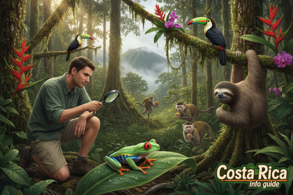 A vibrant scene showcasing the diverse wildlife of Costa Rica within a lush tropical rainforest. In the foreground, a knowledgeable naturalist in modest casual clothing examines a colorful frog on a leaf, while a curious sloth hangs lazily from a nearby tree branch. The middle ground reveals a variety of native species, such as toucans and monkeys, amidst vibrant green foliage and exotic flowers. The background features towering trees, dappled sunlight filtering through the canopy, and distant mist-covered hills, creating a sense of depth. The atmosphere is lively yet tranquil, inviting exploration and discovery. Overall, the image should embody the spirit of adventure and respect for nature, perfect for the "Costa Rica info guide" article.