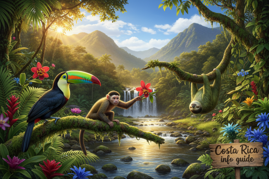A vibrant scene showcasing the rich biodiversity of Costa Rica, featuring a lush rainforest teeming with life. In the foreground, a colorful toucan and a playful monkey are perched on a branch, surrounded by an array of exotic flowers and ferns. The middle ground reveals a winding river glistening under soft sunlight, with a sloth hanging lazily from a tree. In the background, majestic mountains and a clear blue sky enhance the natural beauty of the landscape. The lighting is warm and inviting, creating a sense of tranquility. The atmosphere is lively yet serene, perfect for illustrating the unique wildlife of Costa Rica. Include the brand name "Costa Rica info guide" subtly in the image.