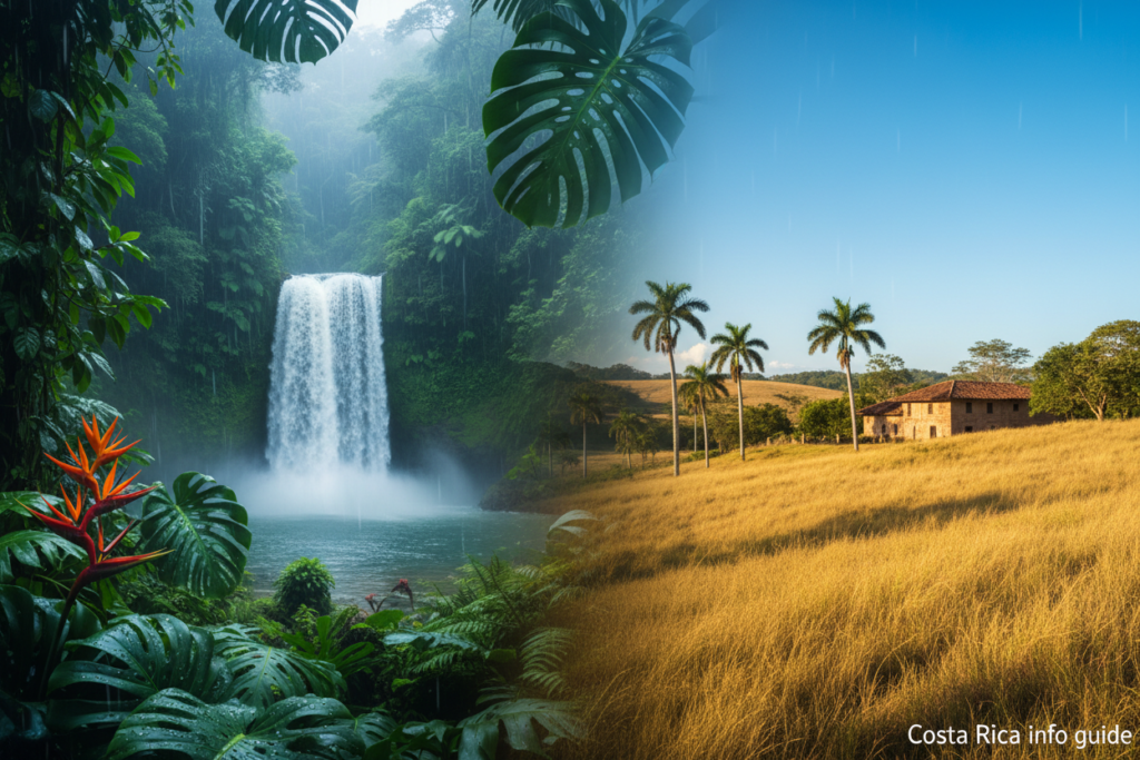 A vibrant split-scene illustration highlighting the contrasting dry and rainy seasons of Costa Rica. In the foreground, depict a lush, green landscape in the rainy season, featuring tropical plants glistening with raindrops, and a serene waterfall cascading in the background. In the middle section, transition to the dry season with golden grasses and a bright blue sky, showcasing a historic adobe-style building nestled among scattered palm trees. The atmosphere should reflect a sense of harmony between the two seasons, with soft, golden light illuminating the dry side and cooler, diffused light capturing the wet scene. Lens: 35mm, angle: slightly elevated, creating a panoramic view that draws the eye across the landscape. Mood: tranquil and evocative, encapsulating the beauty of Costa Rica's seasonal diversity. Include the brand name "Costa Rica info guide" subtly in the bottom corner.