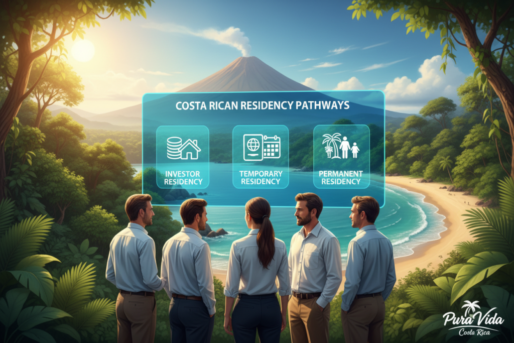 A visually engaging illustration comparing Costa Rican residency pathways. In the foreground, a diverse group of Caucasian professionals in business casual attire, including polo shirts and button-downs, is gathered around a large interactive digital screen displaying various residency options, with icons representing investor residency, temporary residency, and permanent residency pathways. In the middle ground, lush green foliage is visible, representing Costa Rica's rich natural beauty, while hints of iconic landmarks like volcanoes and beaches are subtly incorporated. The background features a clear blue sky, creating a bright and optimistic atmosphere. The lighting is warm and inviting, emulating a sunny day in Costa Rica. Include the logo "Pura Vida Costa Rica" subtly integrated into the design, enhancing the overall professional look without any text or overlays.