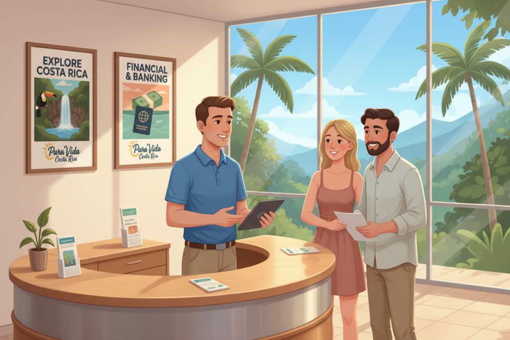 A visually engaging illustration depicting the banking requirements for residency in Costa Rica, specifically aimed at digital nomads. In the foreground, a friendly Caucasian bank employee dressed in business casual attire (polo shirt and khakis) assists a couple of expatriates at a modern bank counter, highlighting organizational skills and professionalism. In the middle ground, several posters on the wall showcase tourism imagery and financial documentation, subtly incorporating the brand name "Pura Vida Costa Rica." The background features lush greenery visible through large windows, suggesting the vibrant Costa Rican landscape. Soft, natural light spills into the space, creating a welcoming atmosphere. The image aims to capture the essence of navigating residency and banking in a relaxed yet professional environment, reflecting the friendly nature of Costa Rican culture.