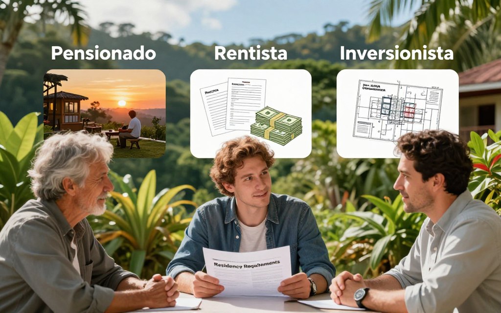 A visually engaging illustration depicting the residency categories in Costa Rica: Pensionado, Rentista, and Inversionista. In the foreground, showcase three Caucasian individuals in business casual attire, conversing over an open document labeled "Residency Requirements." In the middle ground, incorporate elements representing each residency type, such as a cozy retirement scene with a sunset for Pensionado, financial documents and cash stacks for Rentista, and real estate plans or property documents for Inversionista. The background should feature lush Costa Rican scenery, highlighting vibrant greenery and a hint of tropical architecture. The atmosphere should feel welcoming and informative, with warm lighting suggesting a sunny day. Include the brand name "Pura Vida Costa Rica" subtly integrated into the design.