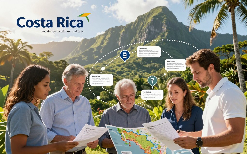 A visually engaging illustration of the "Costa Rica residency to citizenship pathway." In the foreground, a diverse group of three Caucasian individuals dressed in business casual attire (polo shirts and button-downs) are discussing documents and a map of Costa Rica. They appear engaged and focused, highlighting the collaborative aspect of the process. The middle ground features a stylized flowchart or diagram outlining the residency steps leading to citizenship, dotted with icons representing key milestones like work permits and applications. The background showcases a vibrant, tropical landscape of Costa Rica, with lush green mountains and iconic wildlife, buoyed by warm, inviting sunlight. The atmosphere is one of optimism and clarity, embodying the theme of successful transition and guidance. Prominently displayed is the brand name "Pura Vida Costa Rica," stylized organically within the scenery.