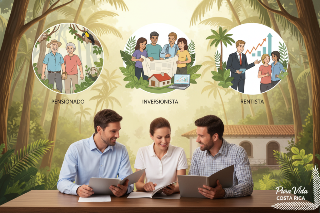 A visually engaging illustration representing the different residency categories for Costa Rica: Pensionado, Rentista, and Inversionista. In the foreground, three Caucasian individuals in business casual attire (polo/button-down shirts) are thoughtfully discussing and examining relevant documents. The middle ground features symbolic imagery for each residency category: a retiree enjoying nature for Pensionado, a diverse group of investors analyzing property for Inversionista, and a financial advisor sharing insights for Rentista. The background showcases a lush tropical setting with vibrant greenery and hints of local architecture, capturing the essence of Costa Rica. Soft, warm lighting enhances the inviting atmosphere, with a focus on clarity and professionalism. The brand "Pura Vida Costa Rica" subtly integrated into the design, maintaining a polished and informative aesthetic.