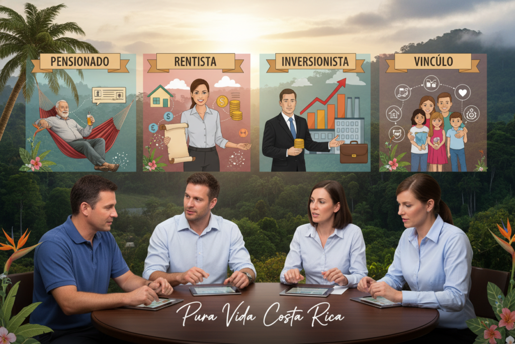 A visually engaging illustration showcasing the categories of Costa Rica residency: Pensionado, Rentista, Inversionista, and Vinculo. In the foreground, a diverse group of Caucasian professionals in business casual attire, including polo shirts and button-downs, are engaged in a discussion, pointing at documents that represent each residency category. In the middle ground, icons or symbols depicting each residency type: a pensioner relaxing, an investor with a graph, a steady rental income emblem, and a link symbolizing family ties. The background features a serene Costa Rican landscape with lush greenery and mountains, illuminated by warm, soft lighting to evoke a welcoming atmosphere. The brand name "Pura Vida Costa Rica" subtly integrated into the design, enhancing the cultural essence without distraction.
