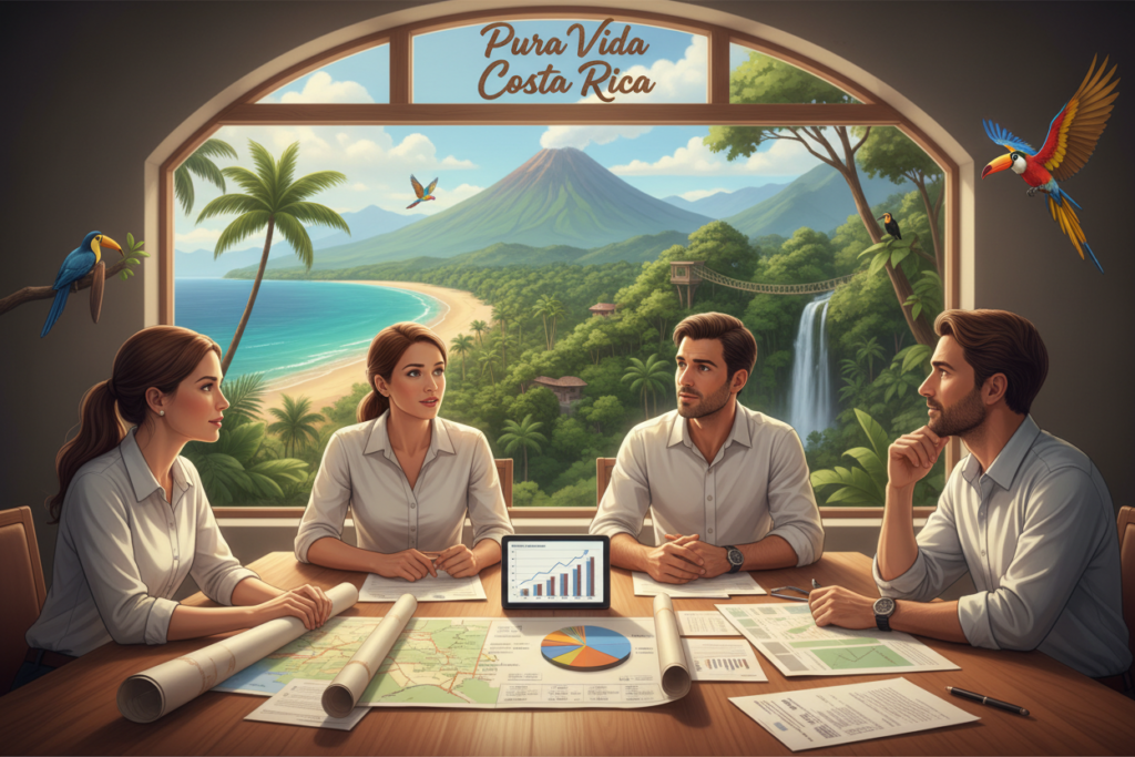 A visually engaging illustration showcasing the topic of "Costa Rica residency options and financial thresholds." In the foreground, depict a diverse group of Caucasian professionals dressed in business casual attire, such as polo shirts and button-down shirts, discussing residency guidelines with maps and financial documents spread out on a table. In the middle ground, integrate a visually appealing representation of Costa Rica's lush landscapes, including tropical forests and picturesque beaches. The background features iconic elements like the volcano Arenal, mountains, and vibrant wildlife, emphasizing the natural beauty of Costa Rica. Use warm, soft lighting to create an inviting atmosphere, with a slight depth of field to draw focus to the professionals. Place the brand name "Pura Vida Costa Rica" subtly within the scene to connect with the theme.