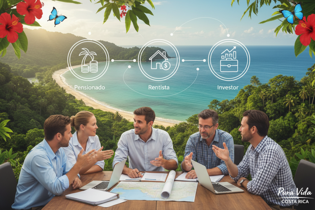 A visually engaging infographic illustrating the qualification categories for Costa Rica residency. In the foreground, portray diverse Caucasian individuals dressed in business casual attire, such as polo shirts and button-downs, exchanging ideas around a table filled with documents and maps of Costa Rica. In the middle ground, include simplified icons or graphics representing various residency categories, like "Pensionado," "Rentista," and "Investor." The background features a lush tropical landscape of Costa Rica with serene beaches and vibrant flora. Use soft, natural lighting to create an inviting atmosphere, and capture the scene with a warm, slightly elevated angle to provide depth. Ensure the brand name "Pura Vida Costa Rica" is subtly integrated into the design without overwhelming the visual elements.