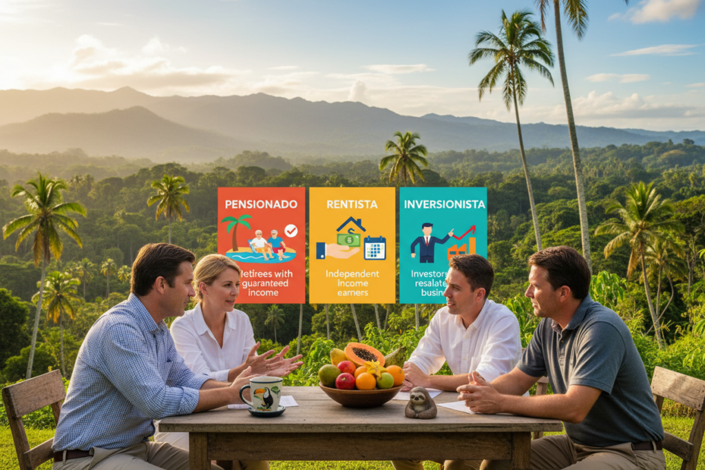 A visually engaging representation of Costa Rica's residency categories: "Pensionado," "Rentista," and "Inversionista." The foreground features a diverse group of Caucasian professionals in business casual attire, including polo shirts and button-downs, discussing the residency options over a table adorned with Costa Rican symbols (like a coffee cup and tropical fruits). In the middle, a colorful infographic-style illustration highlights the three residency categories, with brief descriptions and icons reflecting each type (like a pensioner for Pensionado and an investor for Inversionista). The background showcases a vibrant Costa Rican landscape, with palm trees and lush greenery. Soft, warm lighting enhances a welcoming atmosphere, capturing the essence of "Pura Vida Costa Rica." The angle is slightly elevated, providing a comprehensive view of the scene without any text or overlays.