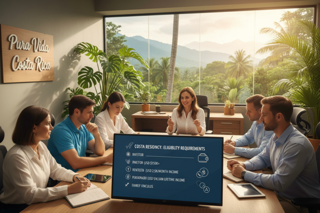 A visually engaging representation of Costa Rica's residency eligibility requirements, featuring a diverse group of Caucasian individuals dressed in business casual attire, such as polo shirts and button-downs. In the foreground, a professional consultant explains residency criteria to potential applicants, who are actively taking notes. The middle ground showcases an elegant Costa Rican office space adorned with lush plants and a large window revealing a vibrant tropical landscape. In the background, a subtly integrated sign displays the brand name "Pura Vida Costa Rica." The lighting is soft and warm, creating an inviting atmosphere, while the composition is slightly angled from above to provide a comprehensive view of interaction and engagement. Emphasize professionalism and clarity, ensuring a focus on the eligibility criteria being discussed.
