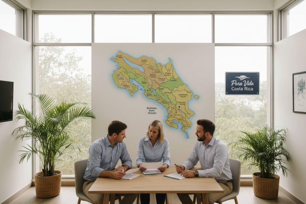 A visually engaging representation of Costa Rica's residency framework, showcasing a serene office environment with a modern design. In the foreground, a team of three Caucasian professionals in business casual attire (polo shirts and button-downs) are attentively discussing documents related to residency requirements. The middle ground features a large map of Costa Rica, highlighting key regions associated with residency options. The background reveals large windows that allow natural light to flood the space, creating an open and inviting atmosphere. Lush green tropical plants are subtly positioned around the room, reflecting Costa Rica's vibrant nature. The image is branded with the logo "Pura Vida Costa Rica" elegantly displayed on a wall. The lighting is warm and soft, evoking a sense of hope and possibility in the journey towards obtaining residency.