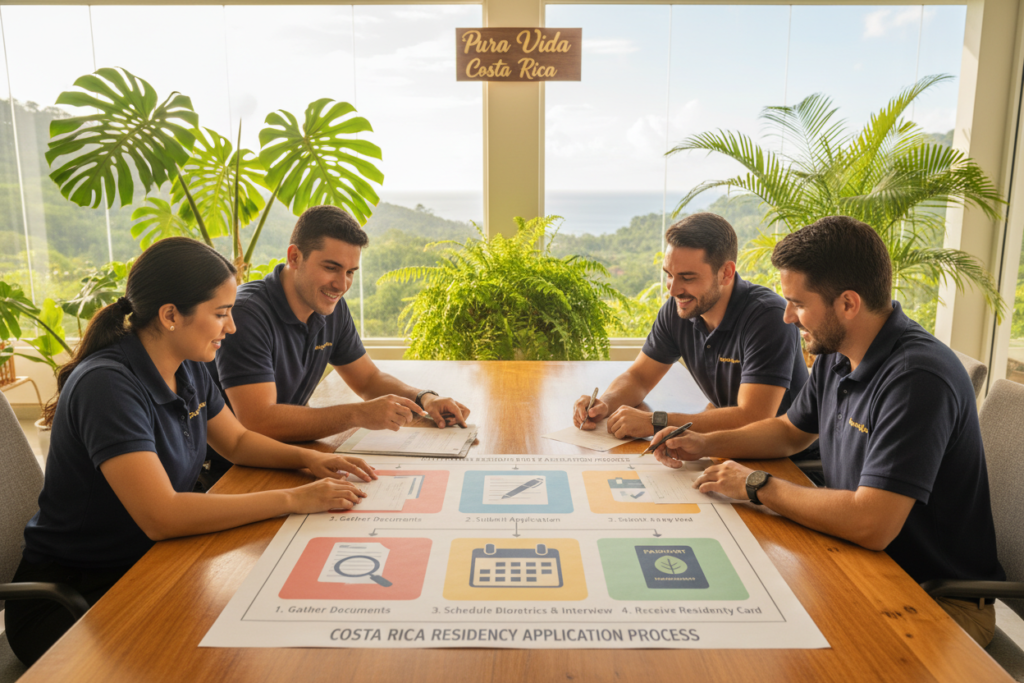 A visually informative scene depicting the steps to apply for Costa Rica residency. In the foreground, a diverse group of professionals in business casual attire (polo shirts and button-downs) is gathered around a large table, reviewing documents and discussing the application process. In the middle, a detailed flowchart illustrating the steps involved—such as gathering documents, submitting forms, and attending interviews—spreads across the table, presented with colorful icons representing each stage. The background features a bright, airy office setting with tropical plants and large windows showcasing a sunny Costa Rican landscape. The overall atmosphere is collaborative and welcoming, embodying the essence of "Pura Vida Costa Rica," with warm lighting enhancing the positive mood.