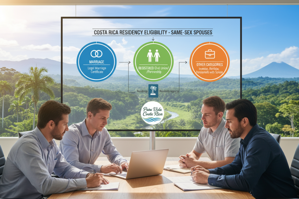 A visually striking infographic illustrating Costa Rica residency eligibility categories focused on same-sex spouses. In the foreground, feature diverse individuals, a group of Caucasian staff dressed in business casual attire (polo/button-down shirts, no ties or jackets), engaging around a table with documents and a laptop, symbolizing collaboration and support. In the middle ground, include diagrams or flowcharts that represent the different eligibility categories, such as marriage and partnership, depicted with clear icons and color coding. The background should feature a serene Costa Rican landscape, with lush greenery and bright blue skies, conveying a sense of warmth and opportunity. Soft, natural lighting enhances the inviting atmosphere, with an emphasis on inclusivity and hope. Incorporate the brand name "Pura Vida Costa Rica" subtly within the design, creating a cohesive visual narrative.
