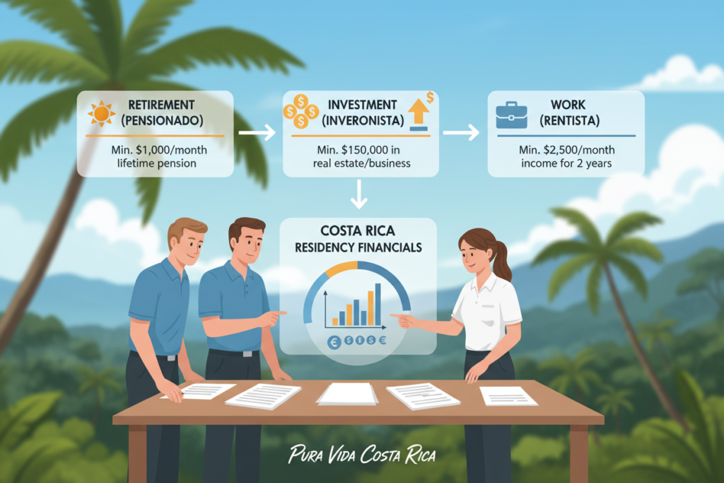 A vivid and informative illustration depicting the financial requirements for various Costa Rica residency categories, focusing on key aspects like retirement, investment, and work visas. In the foreground, a diverse group of three Caucasian staff members in business casual attire (polos and button-downs) are engaged in a discussion, reviewing documents and pointing to a chart representing income levels needed for residency. In the middle, infographics display symbols for the different residency categories, like a sun for retirement, a briefcase for work, and dollar signs for investment, with arrows connecting them. The background features a soft-focus of Costa Rican landscapes, showcasing lush greenery and a blue sky, creating a warm and inviting atmosphere. Use natural, bright lighting to enhance clarity and focus, capturing the essence of "Pura Vida Costa Rica" in the image.