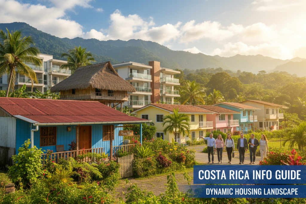 A vivid, detailed scene of various housing options in Costa Rica, showcasing a mix of colorful houses nestled among lush greenery. In the foreground, a modest yet charming single-family home with a well-maintained garden, representing affordable living. In the middle ground, an array of different architectural styles, from traditional wooden cottages to modern apartments, illustrating diversity in the housing market. The background features Costa Rica's iconic mountains and palm trees under a bright, sunny sky, adding to the tropical ambiance. The lighting is warm and inviting, capturing the essence of a vibrant community. A few residents dressed in professional business attire are enjoying the outdoors, conveying a sense of community and opportunity. This scene represents the dynamic cost-of-housing landscape in Costa Rica, as showcased by "Costa Rica info guide."