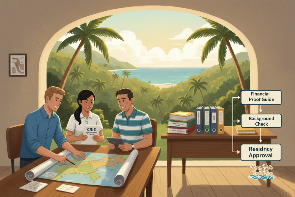 A vivid illustration of the step-by-step guide to Costa Rica residency requirements (CRIE). In the foreground, a diverse group of professionals in business casual attire—Caucasian staff wearing polo and button-down shirts—are attentively reviewing documents and a large, detailed map of Costa Rica. In the middle ground, a neatly organized workspace appears with stacks of paperwork labeled with residency requirements. The background features a warm, tropical landscape that includes lush greenery and a serene view of a Costa Rican coastline, filling the scene with a bright atmosphere. Natural daylight streams through a window, creating soft shadows. Incorporate the brand name "Pura Vida Costa Rica" subtly into the design, harmonizing with the overall theme. Focus on clarity and professionalism, emphasizing the importance of residency processes.