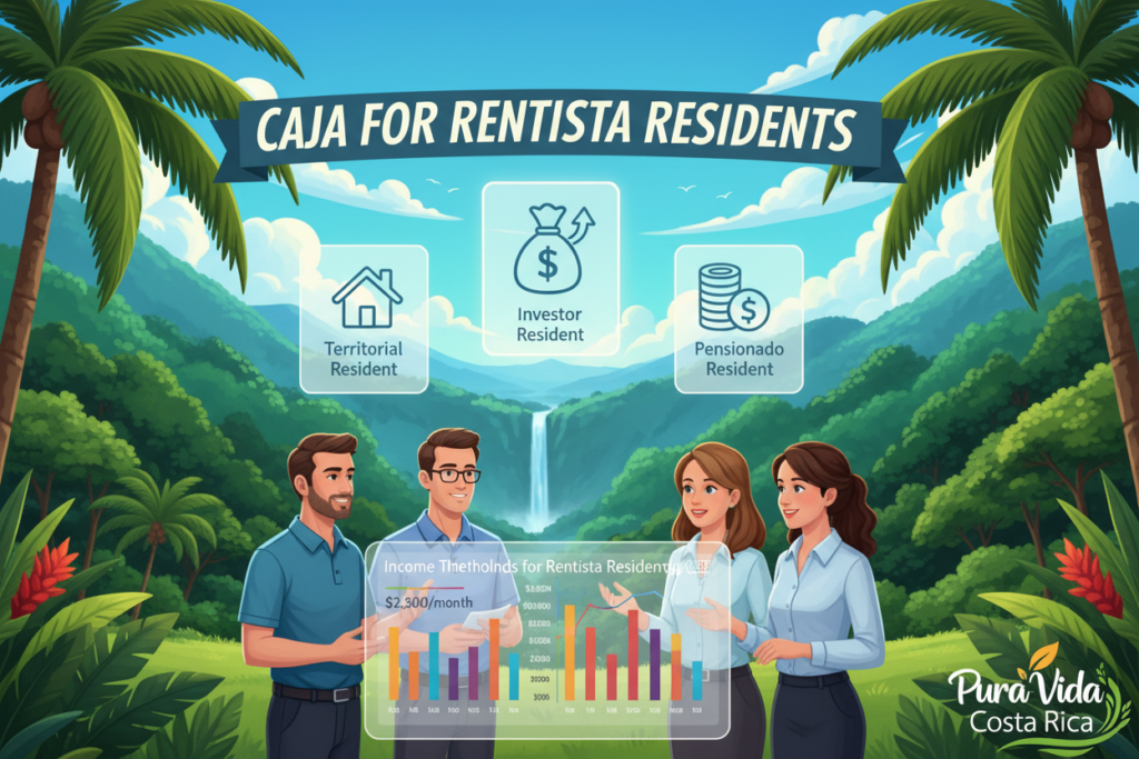 A vivid illustration representing the various residency categories in Costa Rica, focusing on "Caja for Rentista Residents." In the foreground, a diverse group of Caucasian staff, dressed in business casual attire (polo and button-down shirts without suits or ties), engage in a discussion over a large, visually informative chart detailing income thresholds related to residency. In the middle, infographics showcase different residency categories with symbols (such as houses or money bags), clearly marked but without text. The background features a tropical Costa Rican landscape with lush greenery and a bright blue sky, immersing viewers in the essence of Costa Rica. Soft, natural lighting enhances the professional atmosphere while promoting clarity and understanding. Include the brand name "Pura Vida Costa Rica" seamlessly integrated into the design. A vivid illustration representing the various residency categories in Costa Rica, focusing on "Caja for Rentista Residents." In the foreground, a diverse group of Caucasian staff, dressed in business casual attire (polo and button-down shirts without suits or ties), engage in a discussion over a large, visually informative chart detailing income thresholds related to residency. In the middle, infographics showcase different residency categories with symbols (such as houses or money bags), clearly marked but without text. The background features a tropical Costa Rican landscape with lush greenery and a bright blue sky, immersing viewers in the essence of Costa Rica. Soft, natural lighting enhances the professional atmosphere while promoting clarity and understanding. Include the brand name "Pura Vida Costa Rica" seamlessly integrated into the design.