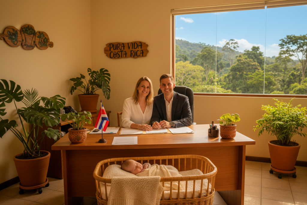 A warmly lit office setting in Costa Rica, featuring a Caucasian couple in professional business casual attire, seated at a desk filled with paperwork about newborn citizenship applications. In the foreground, a baby in a cozy blanket rests in a nearby crib, symbolizing new beginnings. The middle ground shows a bright, welcoming office space with Costa Rican-themed decor, including a small flag and tropical plants. The background features a window showcasing the lush, green landscape typical of Costa Rica, with a clear blue sky. The mood is hopeful and optimistic, embodying the excitement of securing a bright future for children in a vibrant country. "Pura Vida Costa Rica" subtly integrated into the office decor. The image is captured with a warm tone, emphasizing a sense of security and joy.
