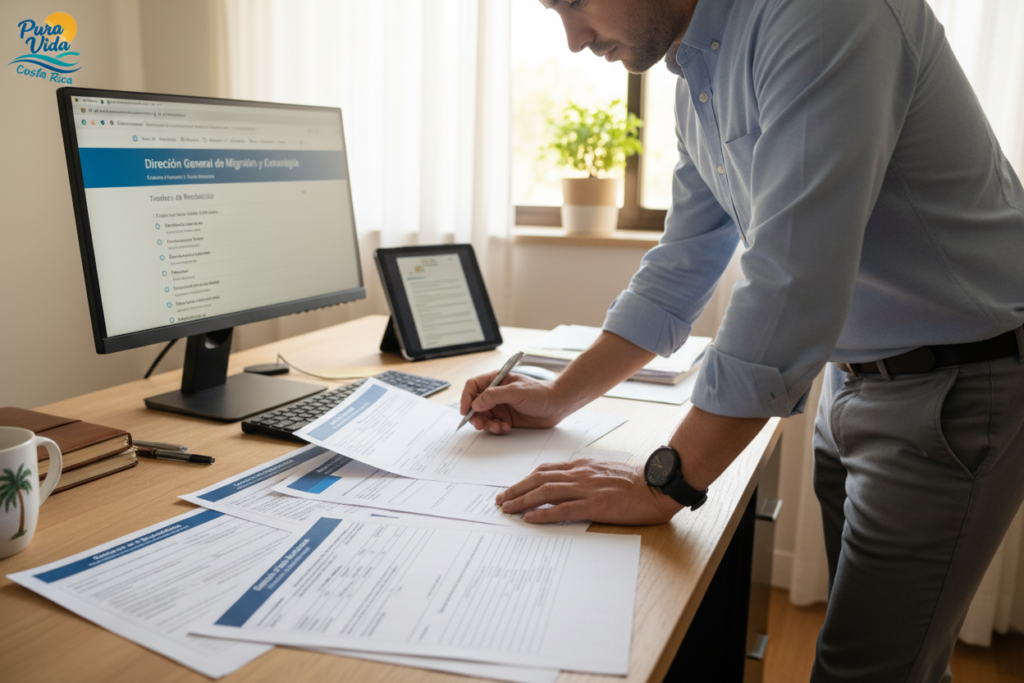 A well-organized desk scene capturing a variety of residency application process documents related to Costa Rica. In the foreground, neatly stacked paper forms, including application sheets, checklists, and supporting documentation, all showcasing a mix of bold headers and clear bullet points. A business casual-clothed Caucasian staff member – in a button-down shirt and neat pants – is actively reviewing a document with a focus on the paperwork's details. In the middle ground, a computer screen displays web pages of government resources on residence permits. The background includes a soft, inviting office atmosphere with natural light filtering through curtains, and a small "Pura Vida Costa Rica" logo prominently displayed on one of the documents. The overall mood is professional and organized, perfect for guiding readers through the residency application process.