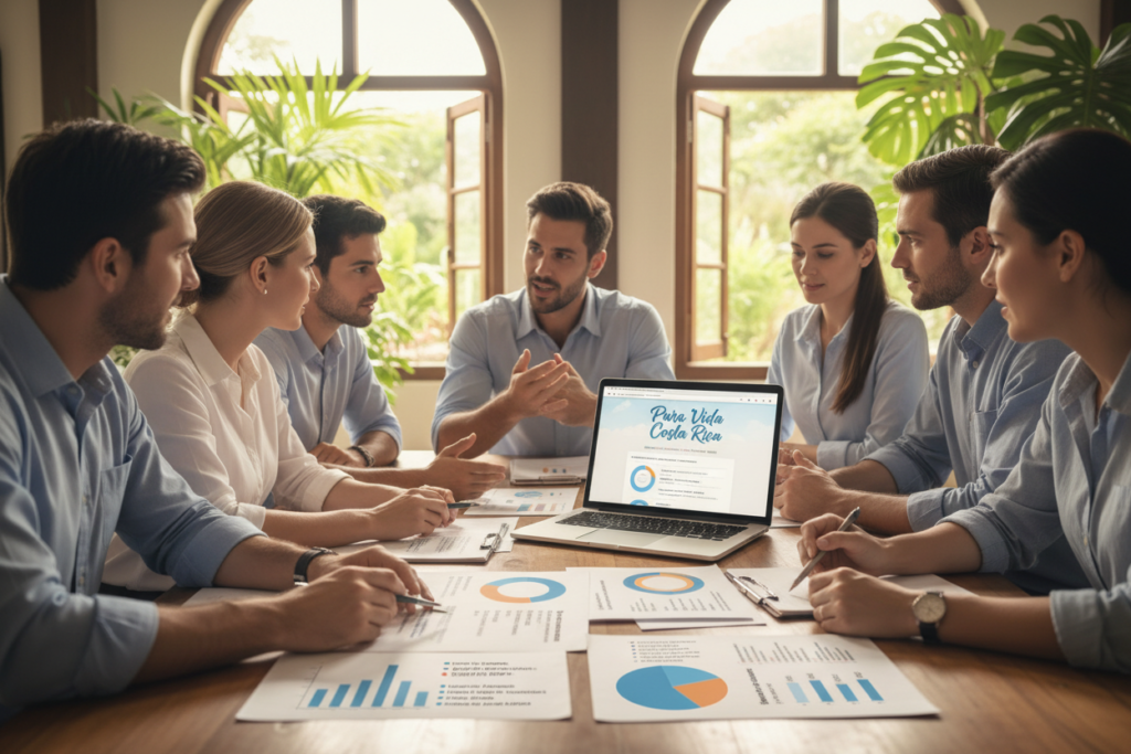 A well-organized illustration of Costa Rica residency eligibility categories, featuring a professional multicultural team of Caucasian individuals in business casual attire, such as polo shirts and button-downs, engaged in a collaborative discussion around a large table filled with documents showcasing residency options. The foreground shows hands pointing to charts and graphs displaying eligibility criteria in a visually appealing way. In the middle ground, an open laptop displays a webpage titled "Pura Vida Costa Rica," symbolizing informative resources. The background features a tropical setting with lush green plants and soft, diffused natural lighting filtering through large windows, creating a welcoming and productive atmosphere. The mood is focused and informative, capturing the essence of understanding immigration processes in Costa Rica.