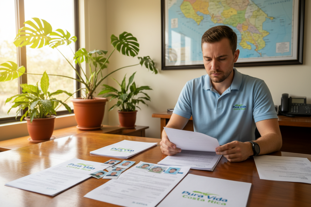 A well-organized workspace depicting essential documents for Costa Rica residency. In the foreground, neatly arranged papers, including ID photos, proof of income statements, and application forms, prominently display the brand name "Pura Vida Costa Rica". In the middle ground, a Caucasian staff member in business casual attire, such as a polo shirt or button-down, reviews a document with a thoughtful expression. The background shows a bright, inviting office setting with tropical plants and a map of Costa Rica on the wall, bathed in warm, natural light coming from a nearby window. The atmosphere feels professional yet welcoming, emphasizing the importance of preparation in securing residency.