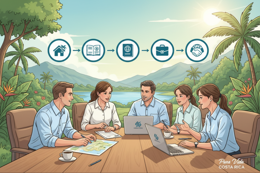 An informative illustration depicting an overview of Costa Rica's residency categories for company representatives. In the foreground, include diverse professionals of Caucasian descent dressed in business casual attire (polos and button-down shirts), engaged in discussion around a table featuring documents, maps, and a laptop. The middle ground should contain visuals of various icon symbols representing residency options such as a house, passport, and business iconography. In the background, showcase a serene Costa Rican landscape with tropical trees, mountains, and vibrant colors to evoke a welcoming atmosphere. The lighting should be bright and natural, emulating a sunny day, enhancing the inviting mood. Include the brand name "Pura Vida Costa Rica" subtly integrated into the scene. No text, captions, or overlays.