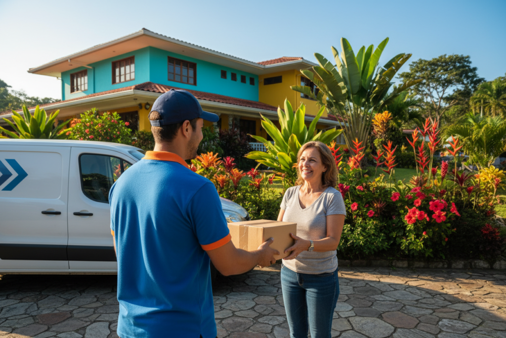 A delivery worker hands a cardboard parcel to a woman outside a house.