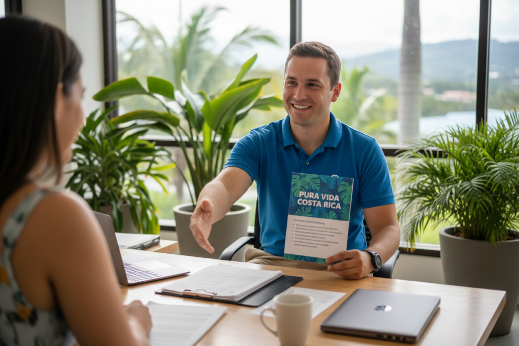 A Costa Rican office setting with a friendly, Caucasian staff member in business casual attire, such as a polo shirt and khakis, sitting at a modern desk surrounded by paperwork and a computer, actively engaging with a client inquiring about residency requirements. In the foreground, the staff member smiles warmly, gesturing towards a visually appealing brochure titled "Pura Vida Costa Rica" that outlines residency qualifications. The background features lush green plants, reflecting Costa Rica's natural beauty, and large windows allowing natural light to flood the room, creating a bright and inviting atmosphere. The image should capture a sense of professionalism and approachability, with soft focus on background elements to keep the focus on the interaction.