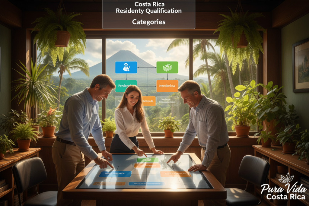 A beautifully organized office space representing "Costa Rica residency qualification categories" as a focal point. In the foreground, a group of three Caucasian professionals in business casual attire (polo and button-down shirts) are engaged in a discussion, pointing at a digital display showcasing different residency categories. The middle ground features a large screen with colorful graphics outlining categories such as Pensionado, Rentista, and Inversionista, emphasizing clarity and accessibility. The background includes elements of Costa Rican culture, such as lush green plants and a subtle hint of the iconic tropical landscape through a window. Soft, natural lighting filters in, creating a warm and inviting atmosphere that underscores a sense of professionalism and optimism. The logo "Pura Vida Costa Rica" is subtly integrated into the digital display design.
