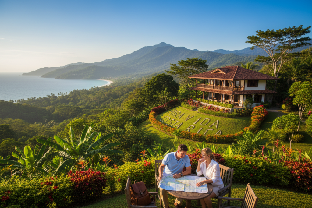 A breathtaking overview of a Costa Rican landscape, showcasing lush green hills dotted with vibrant tropical plants and palm trees under a clear blue sky. The foreground features a business casual setting with a Caucasian professional couple dressed in polo shirts and button-downs, examining a map of Costa Rica, embodying the spirit of exploration and investment. In the middle ground, a charming, rustic villa reflects traditional Costa Rican architecture, surrounded by flourishing gardens. The background highlights majestic mountains and the distant coastline, capturing the essence of Costa Rica's natural beauty. Soft, warm sunlight bathes the scene, creating an inviting atmosphere. Add “Pura Vida Costa Rica” subtly integrated into the landscape, enhancing the connection to the region's culture and lifestyle.