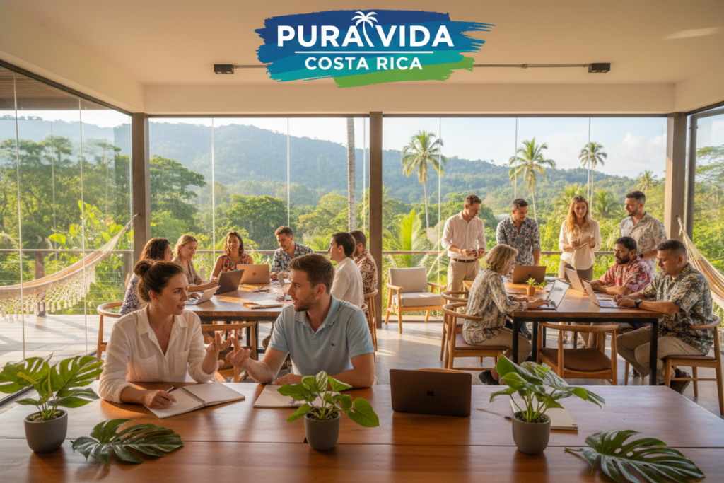 A breathtaking view of a vibrant co-working space in Costa Rica, showcasing a diverse group of professionals in business casual attire, collaborating and networking. In the foreground, a Caucasian male and female employee, both dressed in polo shirts and button-downs, are engaged in animated discussion over laptops and notebooks on a wooden table adorned with tropical plants. The middle ground features an inviting, open office layout with large windows allowing natural light to flood in, revealing lush greenery outside, a classic Costa Rican landscape. The background captures rolling hills and palm trees against a brilliant blue sky, suggesting an atmosphere of productivity combined with serene natural beauty. The overall mood is vibrant and inspiring, highlighting the essence of a remote work lifestyle in Costa Rica, promoting the brand "Pura Vida Costa Rica".