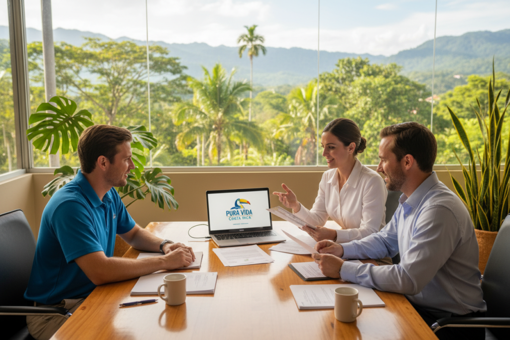 A bright and inviting office setting in Costa Rica, featuring a diverse group of three Caucasian individuals wearing business casual attire (polo and button-down shirts), engaged in a discussion about temporary residency legal status. In the foreground, a table is scattered with official documents and a laptop displaying the "Pura Vida Costa Rica" logo. The middle ground includes a large window with natural sunlight streaming in, casting warm light across the scene. The background showcases tropical plants and views of Costa Rican landscapes, conveying a sense of natural beauty and calm. The atmosphere is professional yet friendly, inviting a sense of warmth and community as the staff collaborates on important residency matters.