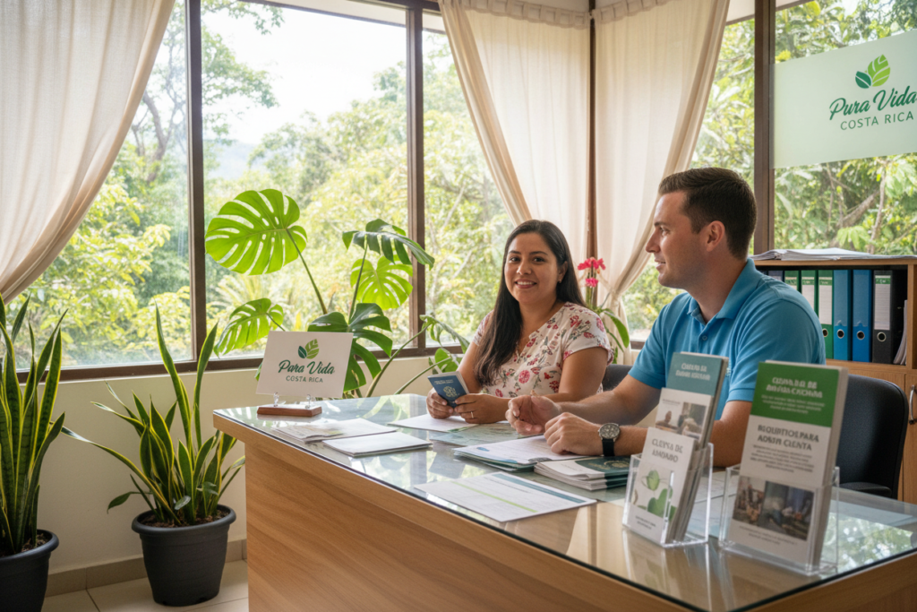 A bright and welcoming bank office in Costa Rica, showcasing a professional environment for opening a bank account. In the foreground, a Caucasian staff member dressed in business casual attire, like a polo shirt, assists a smiling customer at a sleek wooden reception desk. The middle of the scene features informative materials about bank account eligibility, such as pamphlets and forms displayed neatly on the desk. The background shows cheerful potted plants and large windows letting in natural light, creating an inviting atmosphere. The overall mood is friendly and professional, emphasizing simplicity and accessibility in banking. The brand name "Pura Vida Costa Rica" is subtly incorporated into the decor. The image is captured with a slight angle, enhancing the depth while maintaining focus on the interaction between staff and customer.