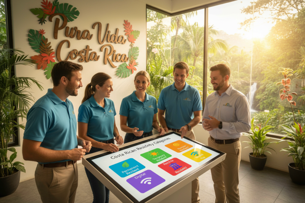 A bright, inviting office setting featuring a diverse group of Caucasian staff in business casual attire, consisting of polo shirts and button-downs, engaged in a discussion about Costa Rican residency categories. In the foreground, an animated chart displays various residency types like "Permanent Resident," "Temporary Resident," and "Investor Residency," each visually distinct with unique colors and icons. In the middle ground, a large sign reads "Pura Vida Costa Rica," symbolizing a welcoming environment. The background showcases a tropical landscape visible through large windows, filled with vibrant greenery and soft sunlight streaming in, creating a warm and informative atmosphere that conveys clarity and optimism about residency in Costa Rica. The scene is bathed in natural light, shot from a slight angle to enhance depth.
