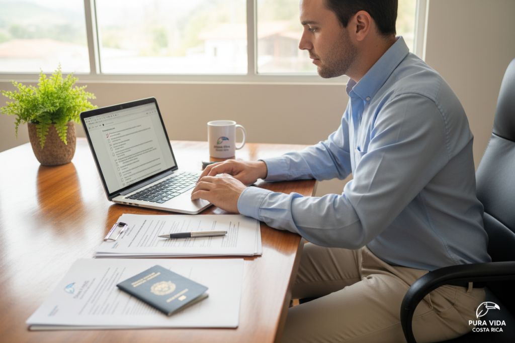 A bright, organized office space highlighting the process of preparing essential documents for obtaining Costa Rican residency. In the foreground, a professional-looking Caucasian individual in business casual attire (a button-down shirt and khakis) is focused on a laptop, reviewing a checklist of required documents with a look of determination. The middle layer features an array of official papers, a passport, and a pen neatly arranged on a polished wooden desk, while a potted plant adds a touch of greenery. In the background, a window allows natural light to flood the room, illuminating the workspace and creating a warm, inviting atmosphere. Subtle branding for "Pura Vida Costa Rica" is present as a logo on a document or a mug on the desk, reinforcing a connection to the country.